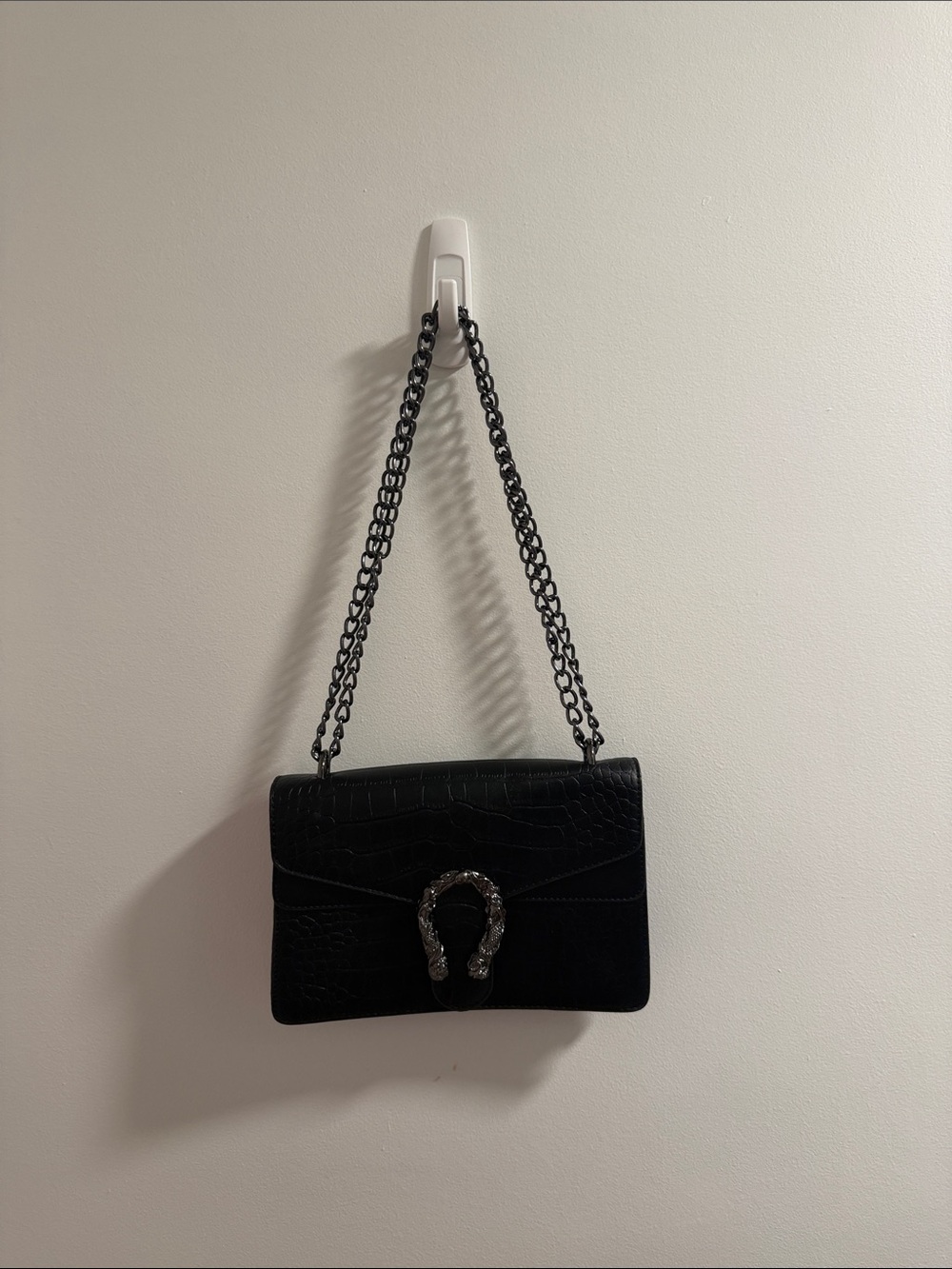 Black Croc-Embossed Chain Shoulder Bag